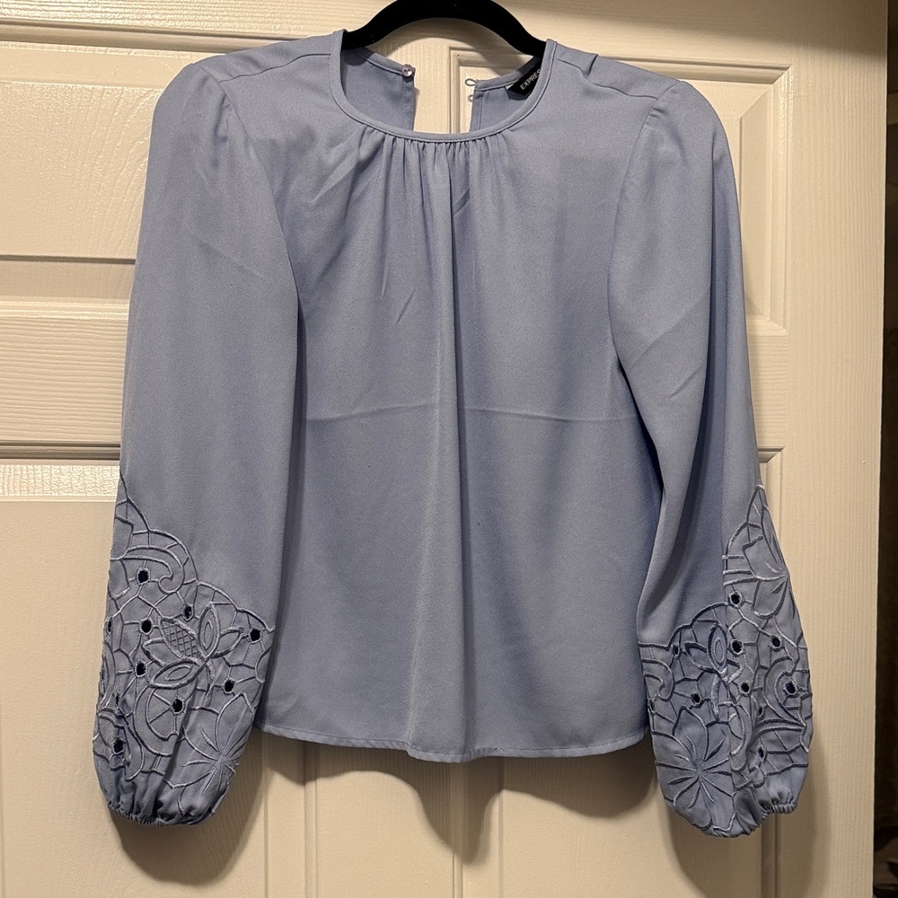 Express Sky Blue Blouse with Floral Embroidery